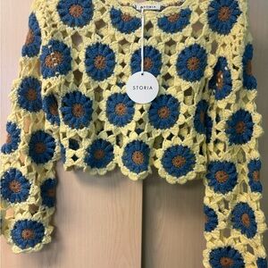 Storia Yellow Blue Brown Crochet Flower Openwork Sweater